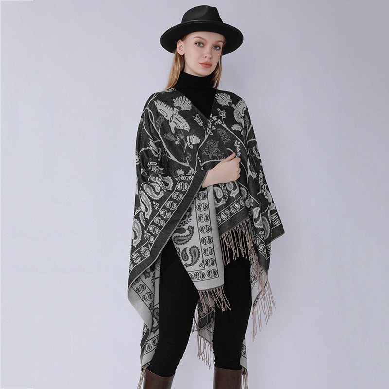 Damen Jacquard-Poncho im Oversize-Kaftan mit floraler und Vogelornamentik Echo Archiv