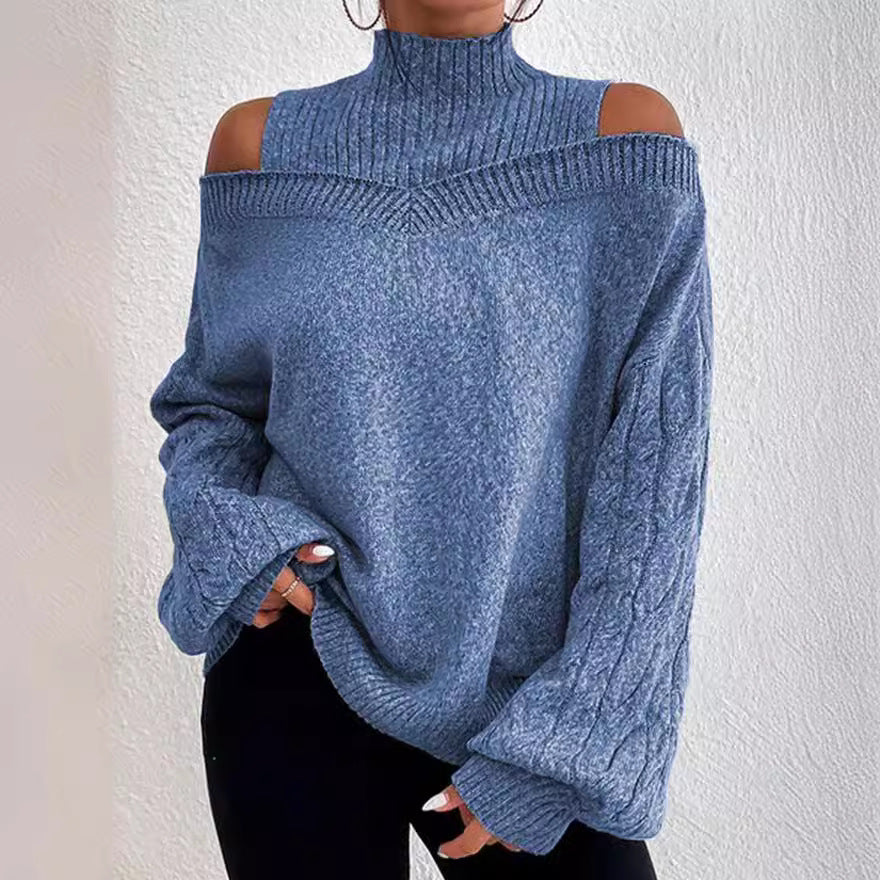 Damen nan schulterfreier Strickpullover mit Stehkragen und Zopfmusterärmeln Echo Archiv