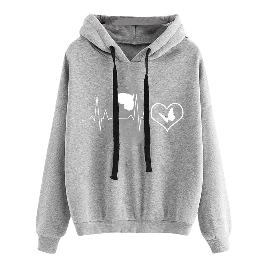 Damen leichter Oversize Kapuzenpullover mit Herz‑EKG‑Motiv, langen Kordeln und elastischem Bund – Auréline