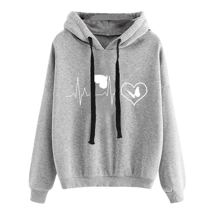 Damen leichter Oversize Kapuzenpullover mit Herz‑EKG‑Motiv, langen Kordeln und elastischem Bund – Auréline