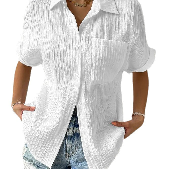Damen nan Crinkle-Optik-Hemdbluse mit Brusttasche, Krempelärmeln und lockerer Passform Echo Archiv