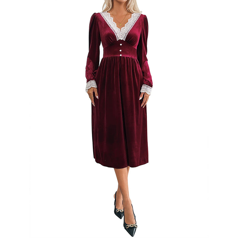 Damen Samt-Midikleid mit Spitzen‑V-Ausschnitt, tailliertem Empire‑Schnitt und Zierknöpfen Echoarchiv