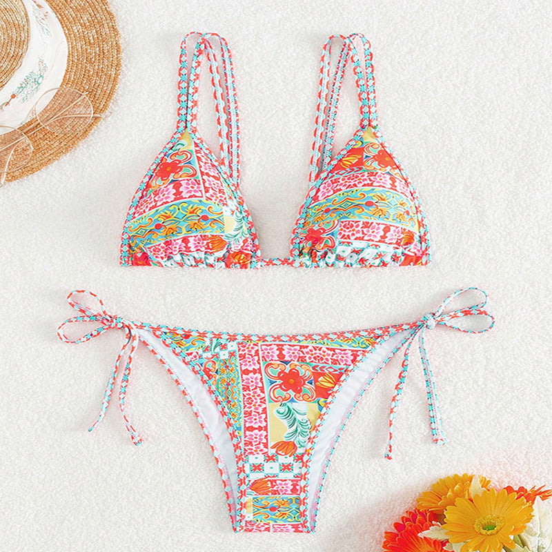 Damen Triangel-Bikini mit Raffungen und buntem Floral-Muster Echo Archiv