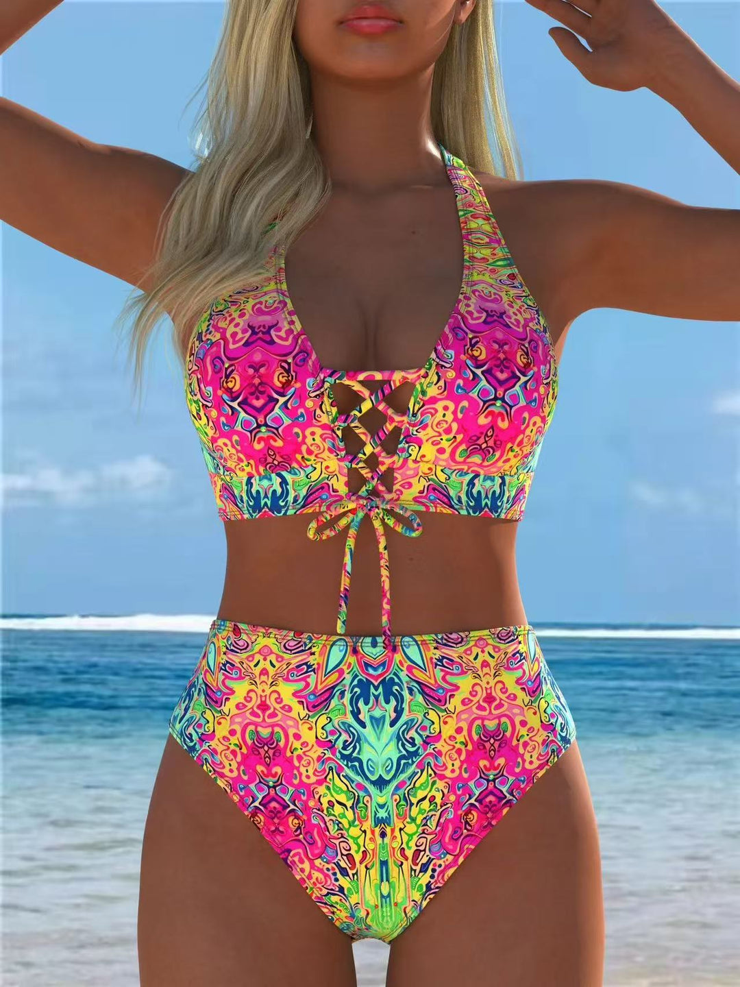 Damen Hochgeschnittener Bikini mit elegantem Schnürdetail Echo Archiv