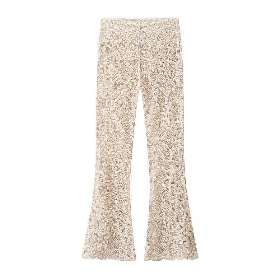 Damen nan gehäkelte Schlaghose mit floralem Crochetmuster, elastischem Bund und teilgefüttertem Innenbein Echo Archiv