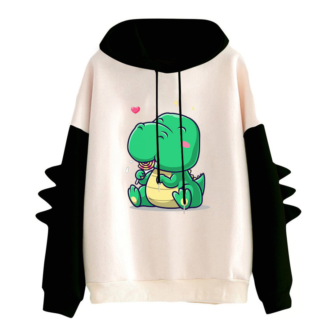 Damen Kapuzenpullover mit niedlichem Dinosaurierprint, kuscheligem Innenfutter und dreidimensionalen Ärmeldetails – Auréline