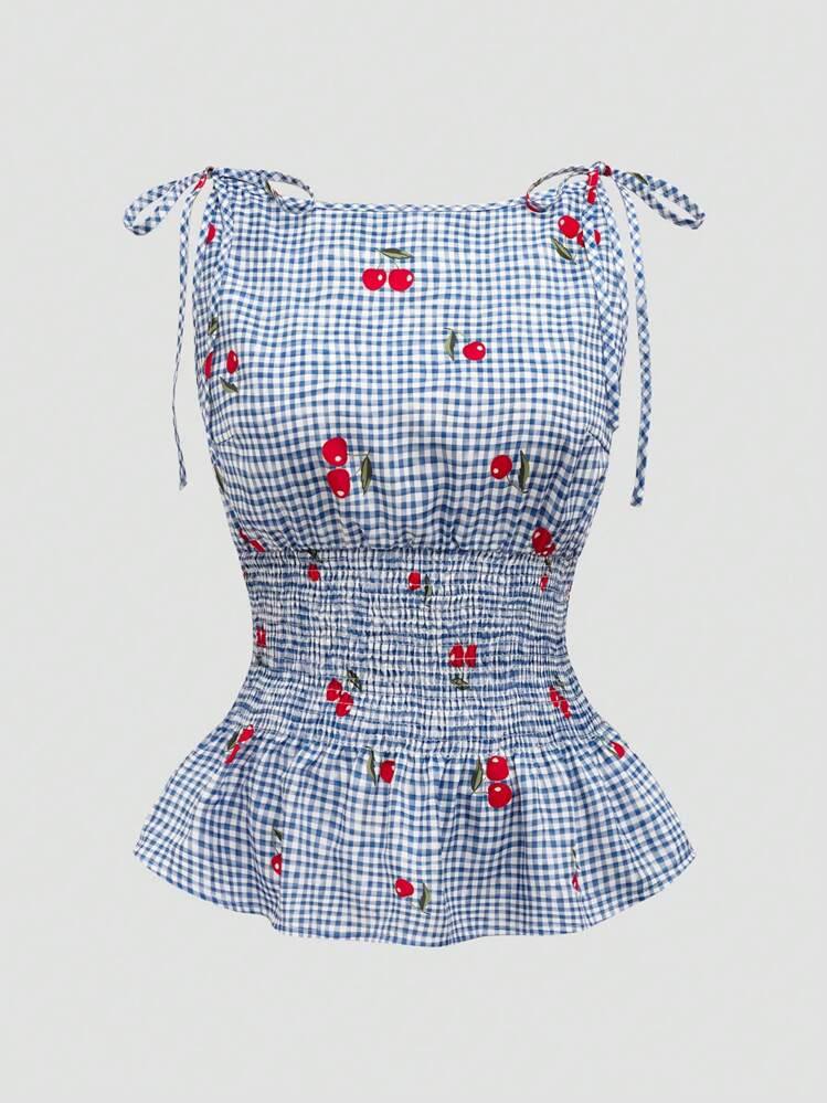 Damen Bluse mit floralem Karo-Muster und Rüschensaum Echo Archiv