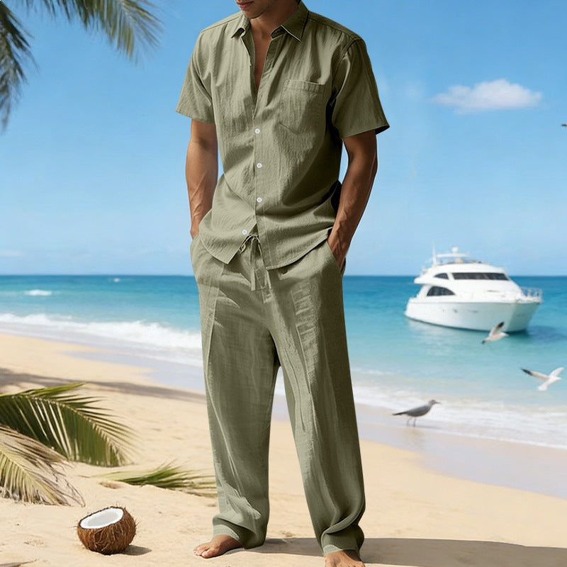 Herren nan resort-taugliches Kurzarm-Hemd mit Brusttasche und lässiger Leinen-Kordelhose Echo Archiv