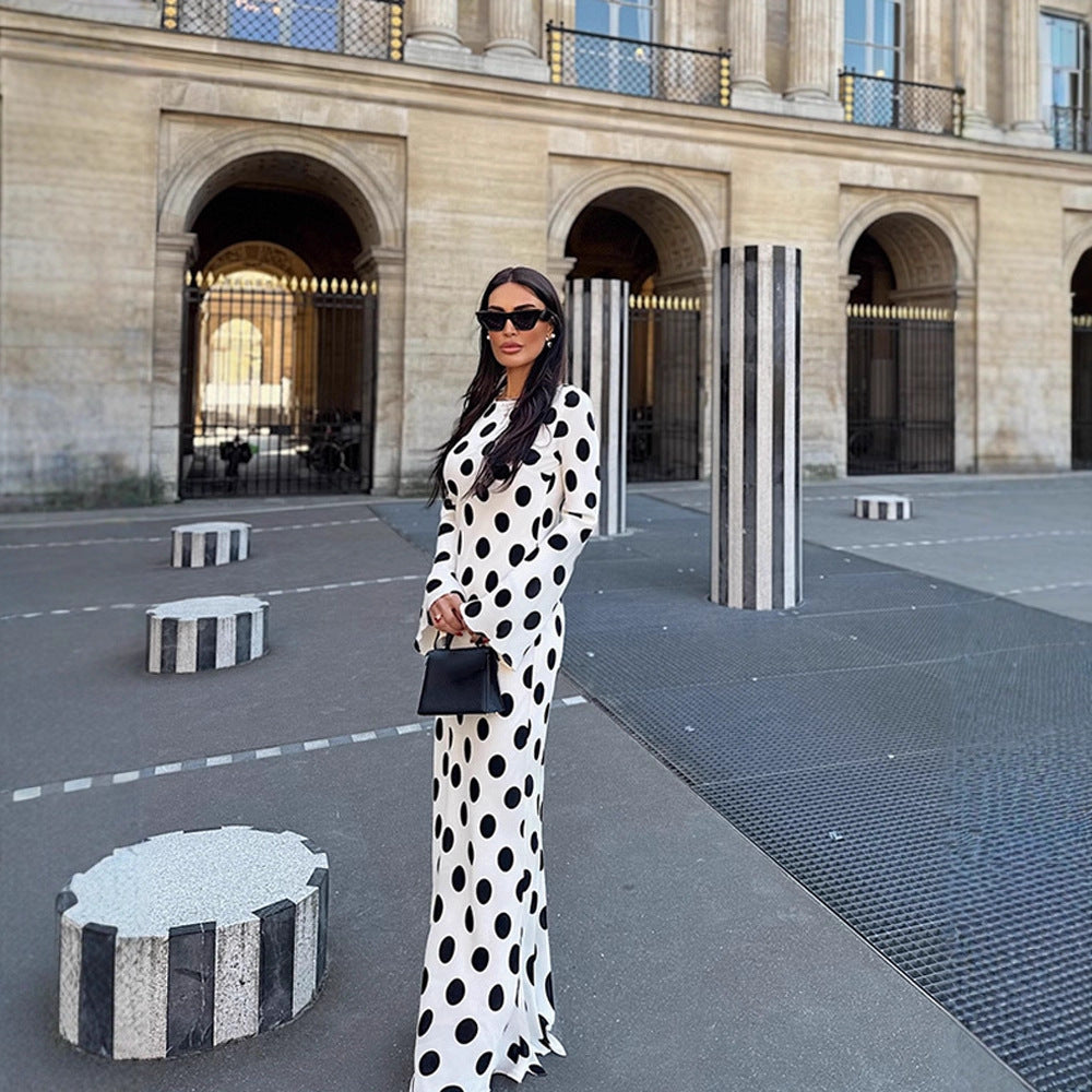 Damen Figurbetontes Polka-Dot Maxikleid mit Trompetenärmeln & Rundhalsausschnitt Echoarchiv