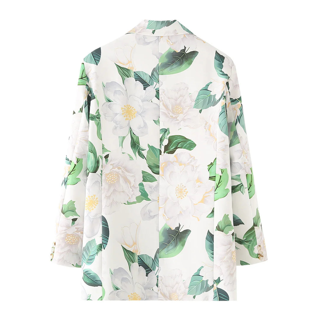 Damen floral bedruckter Longblazer mit Reverskragen und Leistentaschen – Célinea