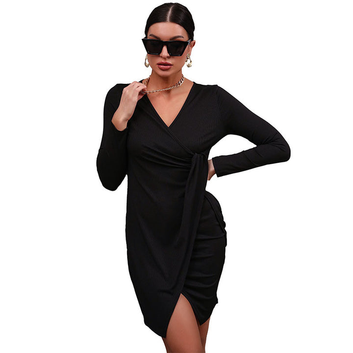 Damen Figurbetontes Wickel-Midikleid mit Drapierung, V-Ausschnitt und asymmetrischem Saum Echoarchiv