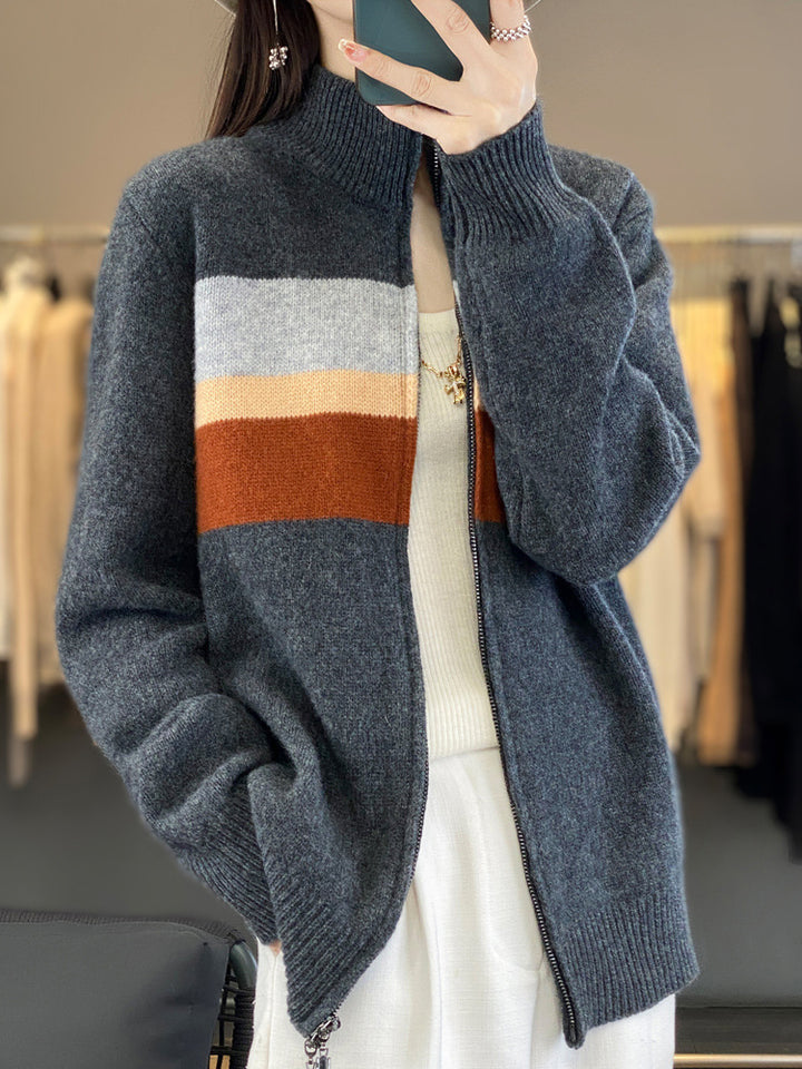 Damen Reißverschluss-Strickcardigan aus weichem Wollmix mit Blockstreifen und geripptem Saum Echoarchiv
