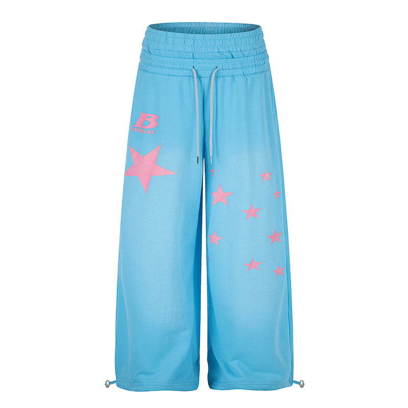 Damen Weite High‑Waist Palazzo-Loungehose aus Stretch-Jersey mit Elastikbund, Tunnelzug, verstellbaren Saumkordeln und Sternen-Print Echoarchiv