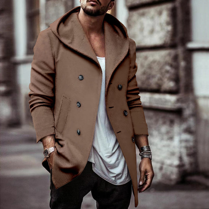 Herren modische Doppelreiherjacke mit Kapuze und eleganten Details Echoarchiv