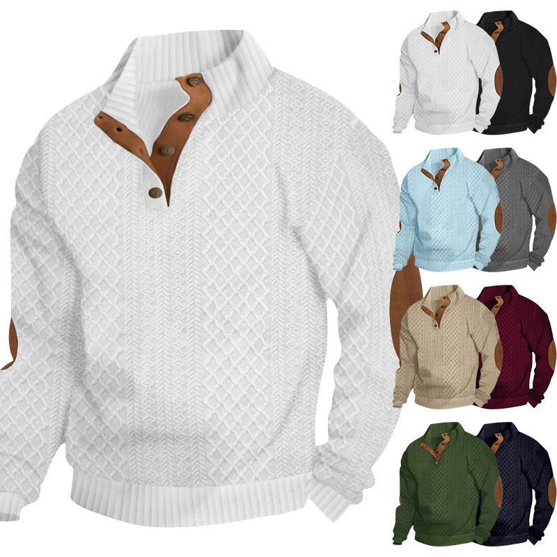 Herren nan gehobener Strickpullover mit Rautenmuster, hohem Rippkragen, knöpfbarer Latzleiste und Lederbesatz an Ellenbogen Echo Archiv