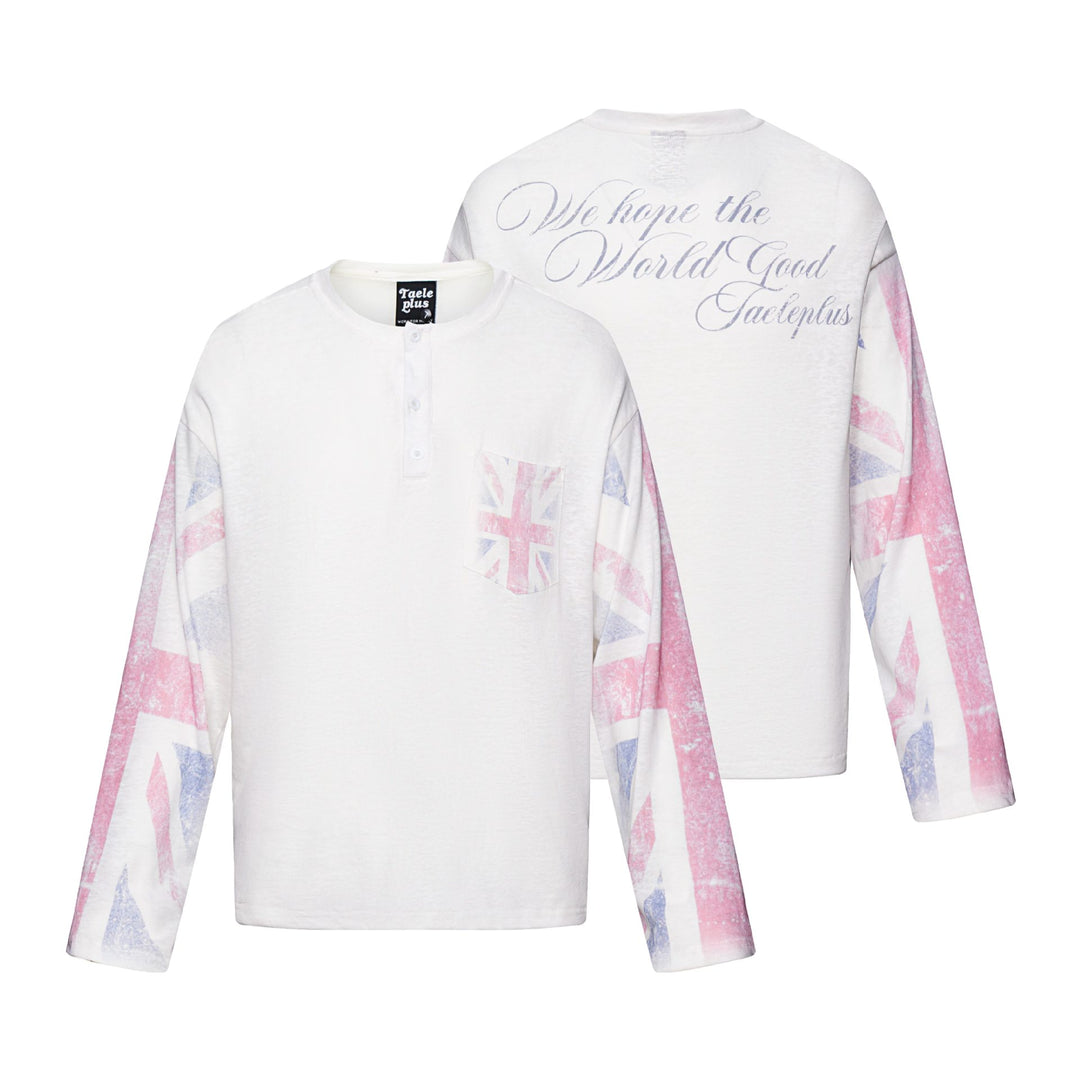 Unisex Langärmeliges Henleyshirt mit Brusttasche und Vintage-Flag-Print Echoarchiv