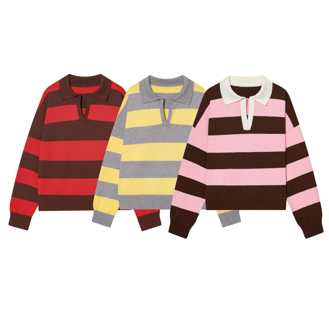 Damen nan gestreifter Rugby-Pullover mit Polokragen und tiefem V-Schlitz Echo Archiv