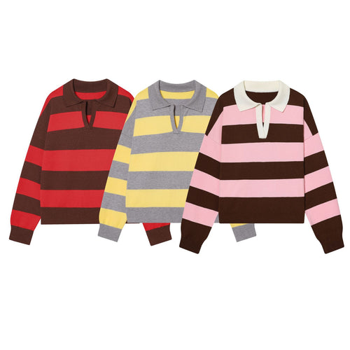 Damen nan gestreifter Rugby-Pullover mit Polokragen und tiefem V-Schlitz Echo Archiv