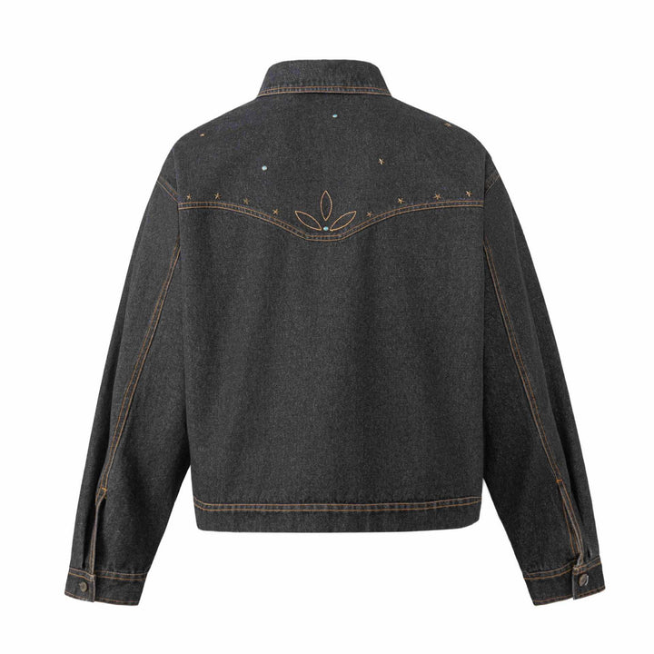 Unisex Boxy-Jeansblouson mit Sternstickerei und Ziernieten Echoarchiv
