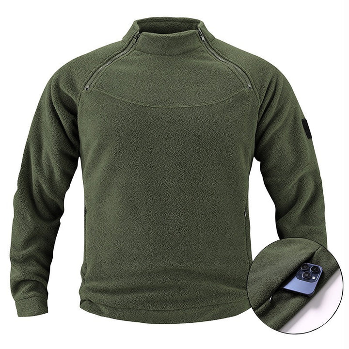 Herren taktischer Fleece-Pullover mit Schulterreißverschlüssen, Kinnschutz und Klettverschlussplatte – Marzano