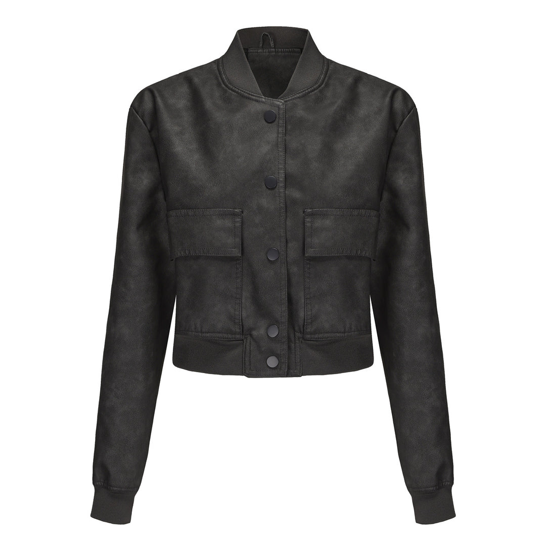 Damen nan kurze Crop-Kunstlederjacke im Blousonstil mit Druckknopffront und aufgesetzten Pattentaschen Echo Archiv