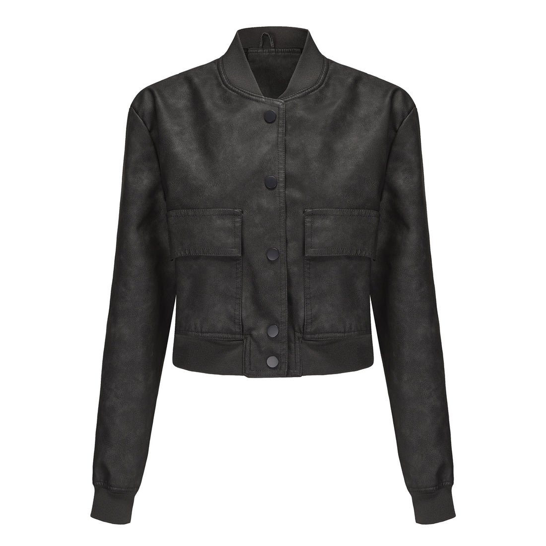 Damen kurze Crop-Kunstlederjacke im Blousonstil mit Druckknopffront und aufgesetzten Pattentaschen – Célinea