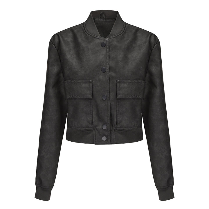 Damen nan kurze Crop-Kunstlederjacke im Blousonstil mit Druckknopffront und aufgesetzten Pattentaschen Echo Archiv