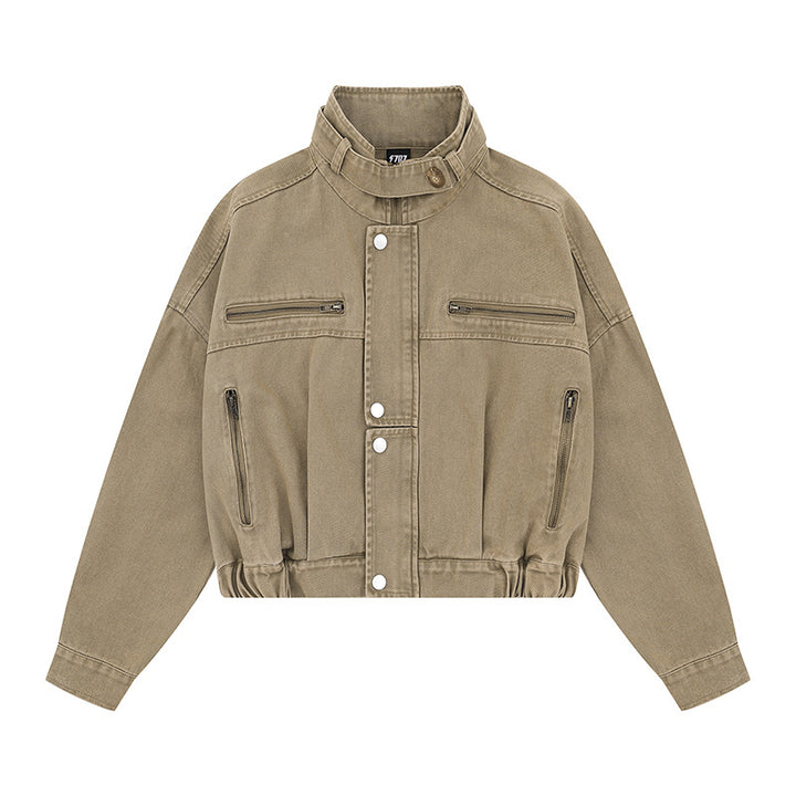Damen Cropped Utility-Bomberjacke mit Stehkragen, Reißverschlusstaschen und Elastbund Echoarchiv