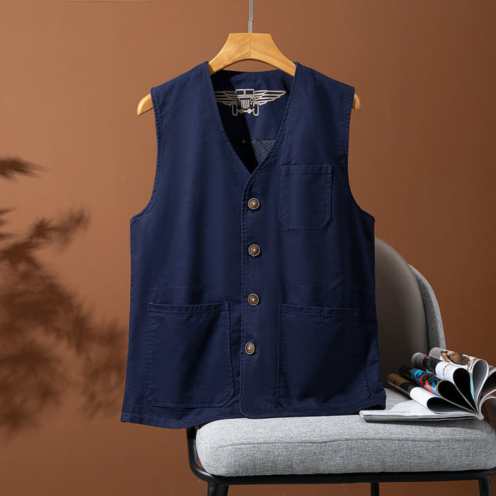 Herren Ärmellose Utility-Canvas-Weste mit V‑Ausschnitt, Knopfleiste und aufgesetzten Taschen Echoarchiv