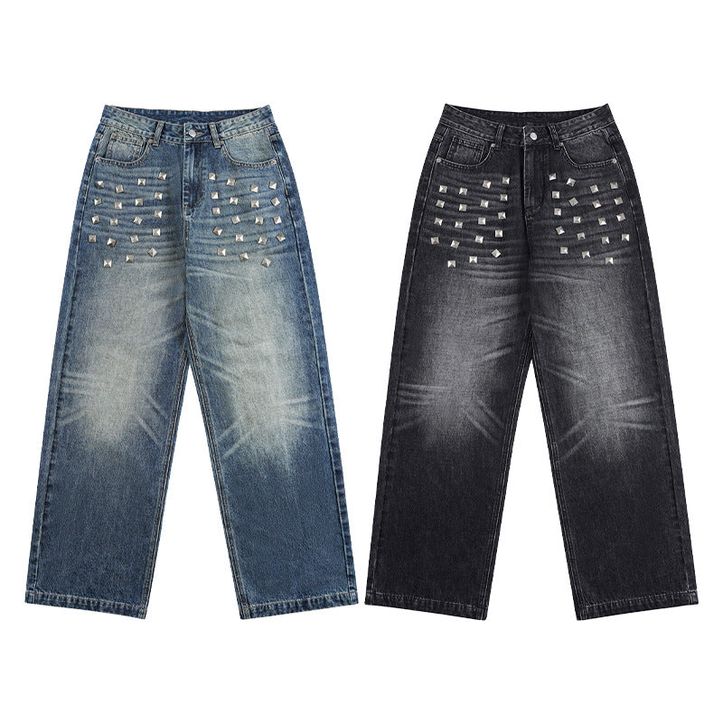 Damen Extraweite Nieten-Baggy-Jeans mit tiefem Bund und Used-Wash Echo Archiv