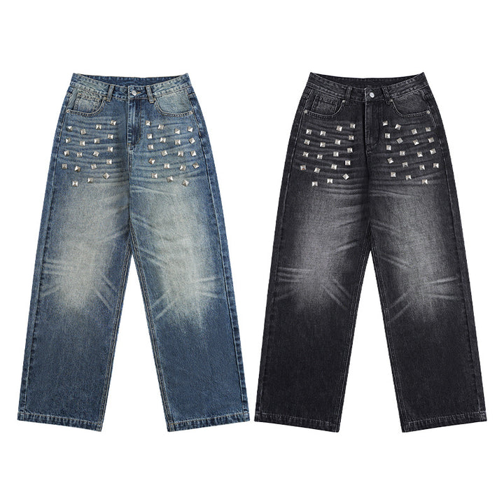 Damen Extraweite Nieten-Baggy-Jeans mit tiefem Bund und Used-Wash Echo Archiv