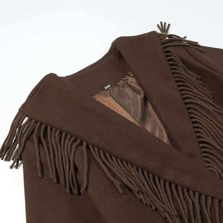 Damen Langer Fransen-Wollmix-Mantel mit Kapuze, Bindegürtel und aufgesetzten Taschen Echo Archiv
