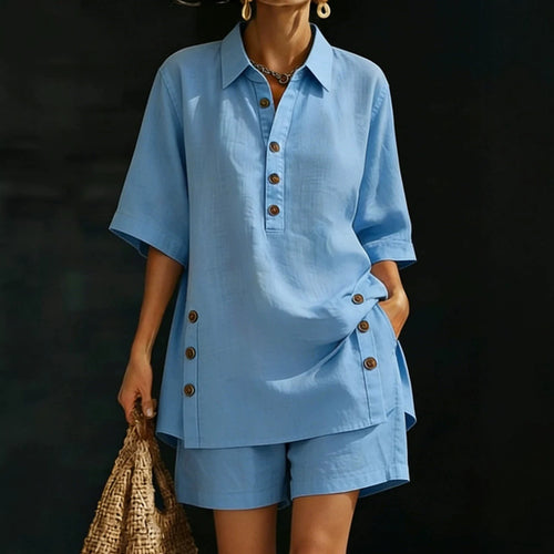 Damen nan luftiges Leinenoptik-Zweiteiler mit Oversize-Hemdbluse, Knopfleiste und Bermuda-Shorts Echo Archiv