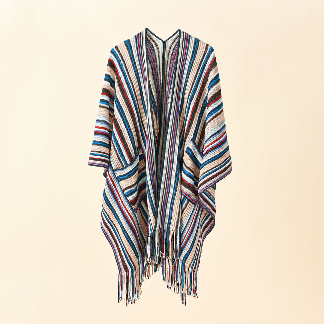 Damen Gestreifter Strickponcho mit Fransen und Eingrifftaschen Echo Archiv