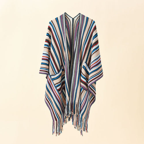 Damen Gestreifter Strickponcho mit Fransen und Eingrifftaschen Echo Archiv