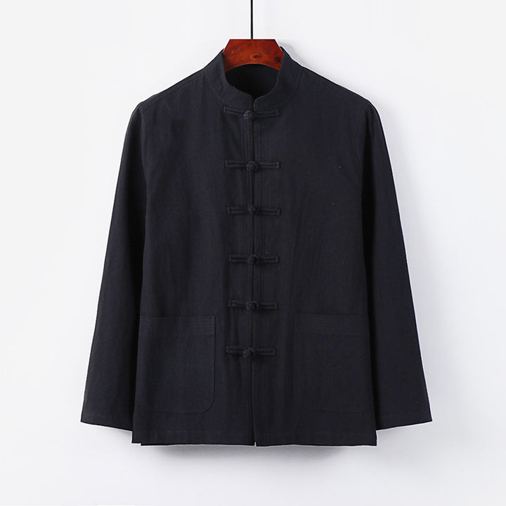 Herren traditionelle Tang-Jacke mit Stehkragen und Knotenknöpfen aus Leinenmischung Echoarchiv