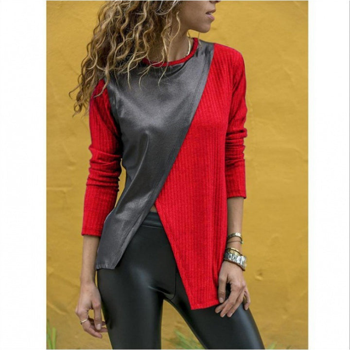 Damen Asymmetrisches Longsleeve mit Lederoptik‑Overlay und Rippstrick – Avérine