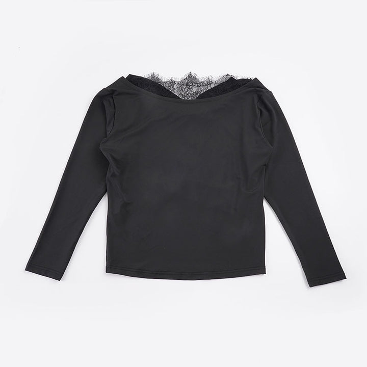 Damen Drapiertes Langarm-Top mit tiefem Wasserfall-Rücken und feinem Spitzen-Backpanel Echo Archiv