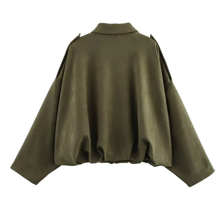 Damen nan oversized Veloursleder Bomberjacke mit Schulterklappen Echo Archiv