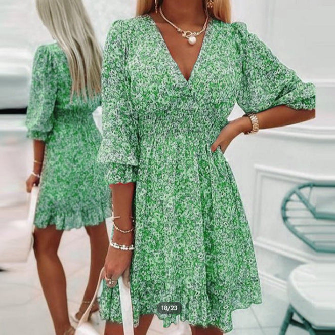 Damen Florales Chiffon-Minikleid mit V-Ausschnitt und Taillengürtel-Effekt Echoarchiv