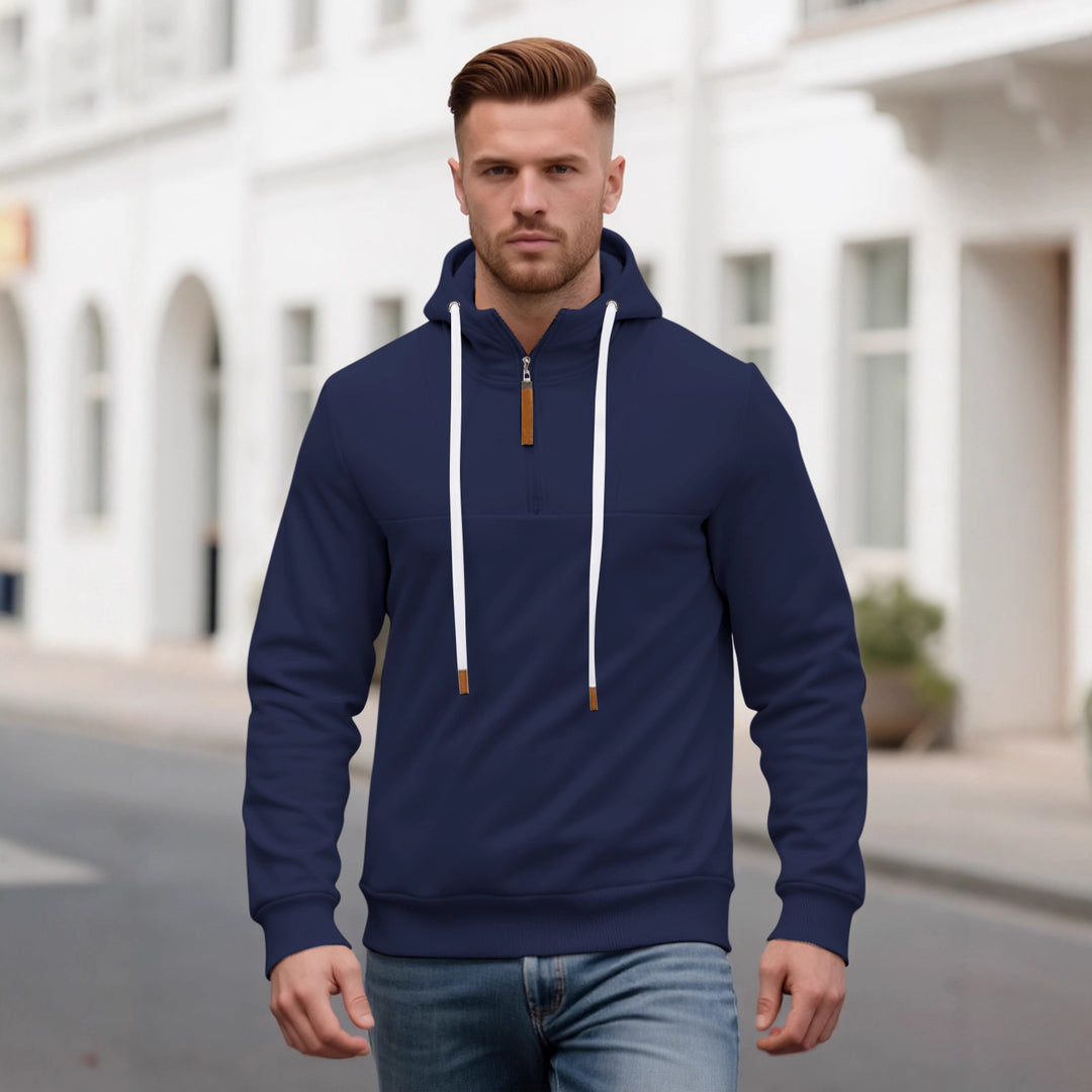 Herren Halbzip-Kapuzenpullover mit Stehkragen, Kordelzug und Lederdetails – Cavarno