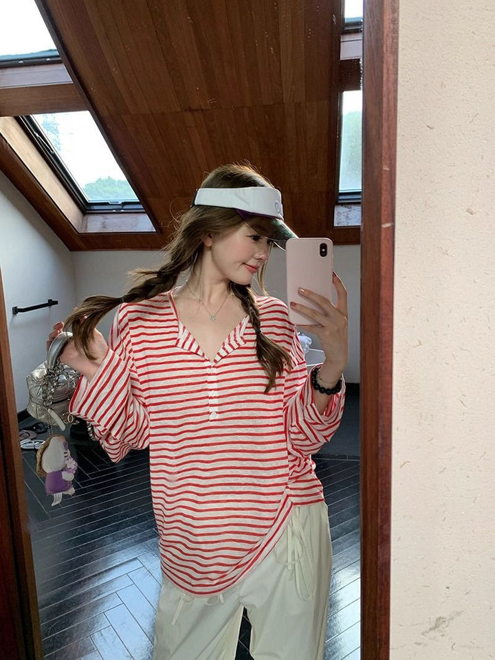 Damen Langarmshirt mit Knopfleiste und raffiniertem Streifenmuster Echoarchiv