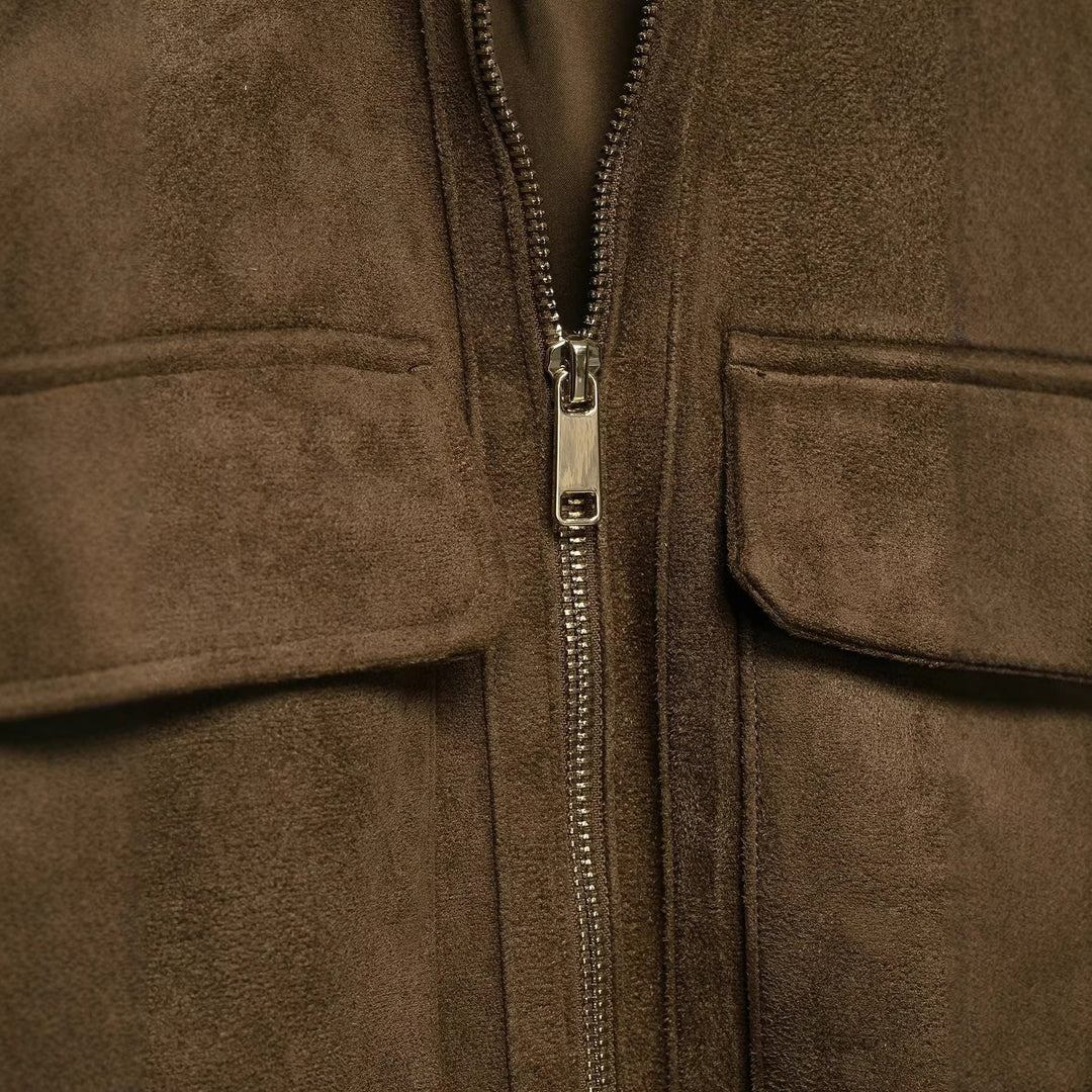 Damen Bomberjacke aus Velourslederoptik mit hohem Rippkragen und Pattentaschen Echoarchiv