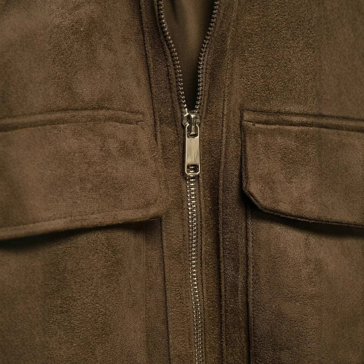 Damen Bomberjacke aus Velourslederoptik mit hohem Rippkragen und Pattentaschen Echoarchiv
