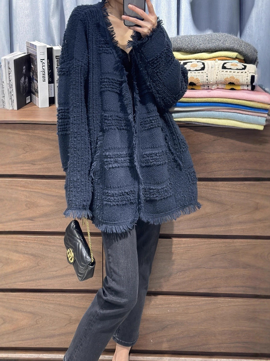 Damen Oversize Strickcardigan mit strukturierter Karomuster‑Optik, Fransen und Eingrifftaschen Echoarchiv
