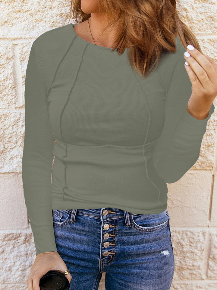 Damen Figurbetont Rib Longsleeve mit Dekorativen Nähten Echoarchiv