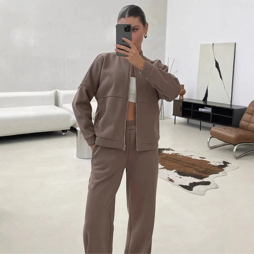 Damen Zweiteiliges Loungewear-Set mit kurzem Bomber-Zip und weiter hochgeschnittener Jogginghose – Auréline