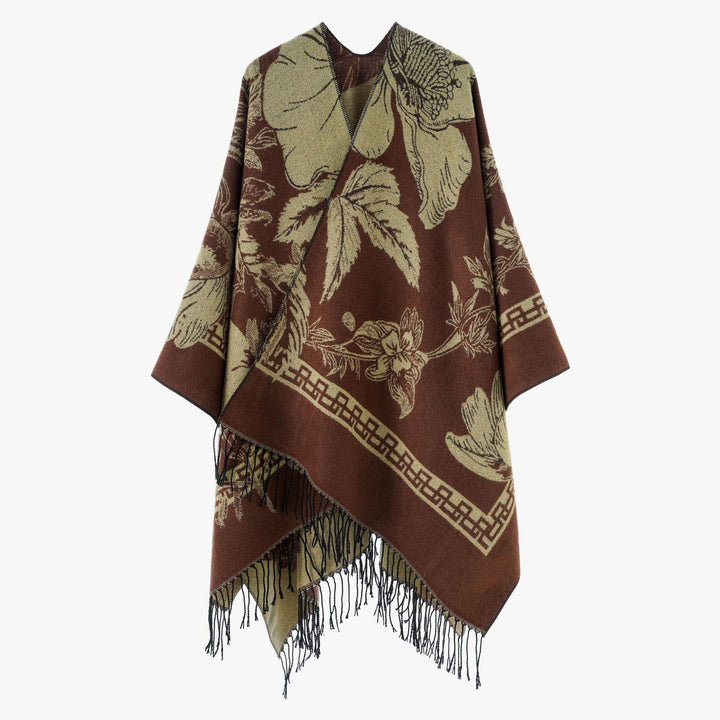 Damen Wendbarer Strickcape-Poncho mit Fransen und kontrastierenden Streifen – Avérine