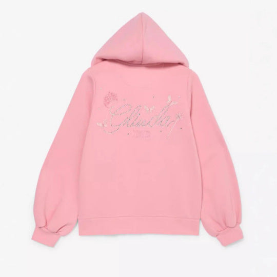 Damen nan Rüschen-Kapuzen-Sweatjacke mit Ballonärmeln und Strasslogo Echo Archiv