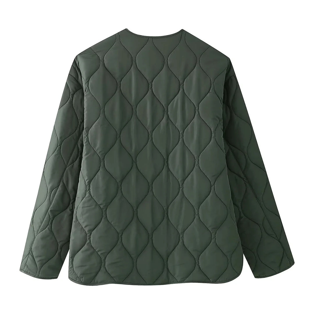 Damen leichte A‑Linien Steppjacke mit Tropfensteppung, Rundhalsausschnitt und aufgesetzten Fronttaschen – Célinea